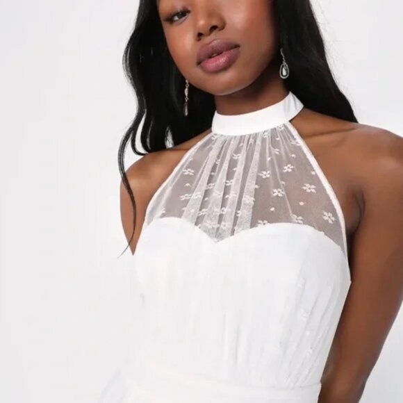 NWT Lulus Positively Precious White Floral Mesh Tiered Halter Midi Dress - Picture 5 of 6